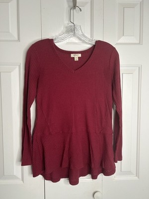 Style & Co Women's Burgundy Waffle Knit Tunic Top XS Long Sleeve Peplum Hem