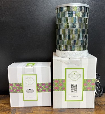 Scentsy Wax Warmer Ocean Mosaic & Cement Base Broad Blue Stained Glass W Box NIB