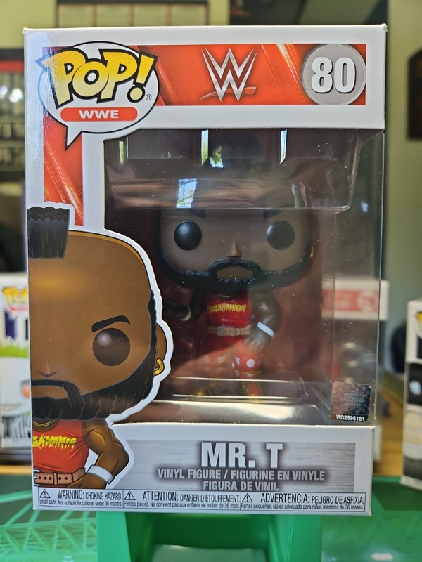 Funko Pop! WWE Mr. T #80 Vinyl Figure wearing a red "Hulkamania" shirt