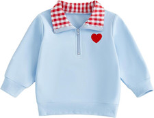 Toddler Boy Girl Valentines Day Outfit Heart Embroidery Sweatshirt Lapel Neck Pu