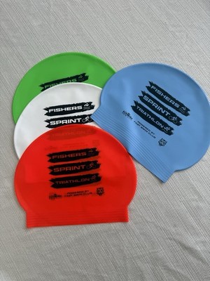 Fishers Sprint Triathlon Swimming Swim caps x4 colors: Blue, Red, White, Green