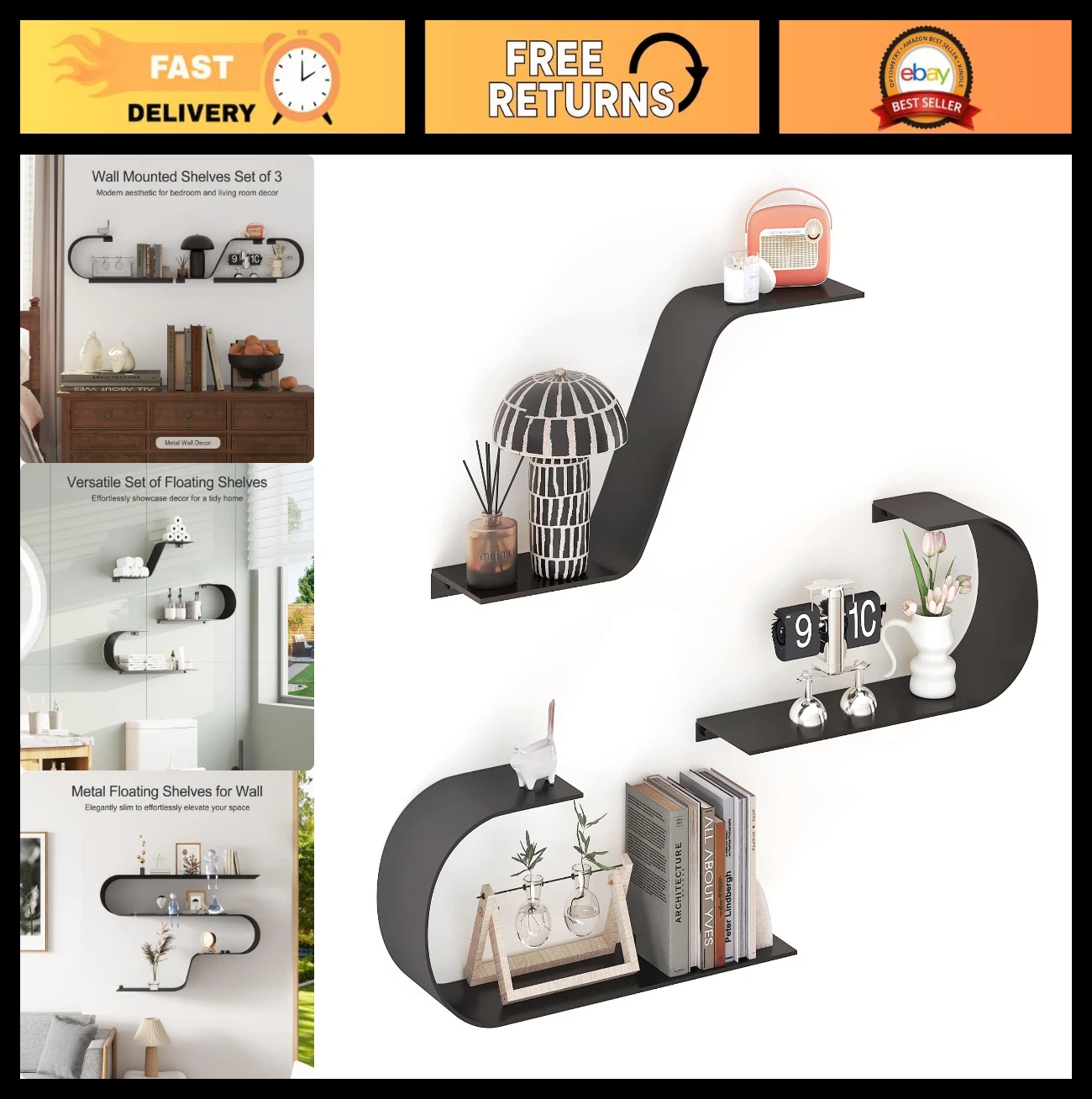 Set of 3 Black Floating Shelves - Modern Metal Wall Decor for Bedroom, Bathroom,