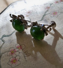 Fabulous green jade gemstone Earrings mcm antique vintage scroll white metal old — photo 9