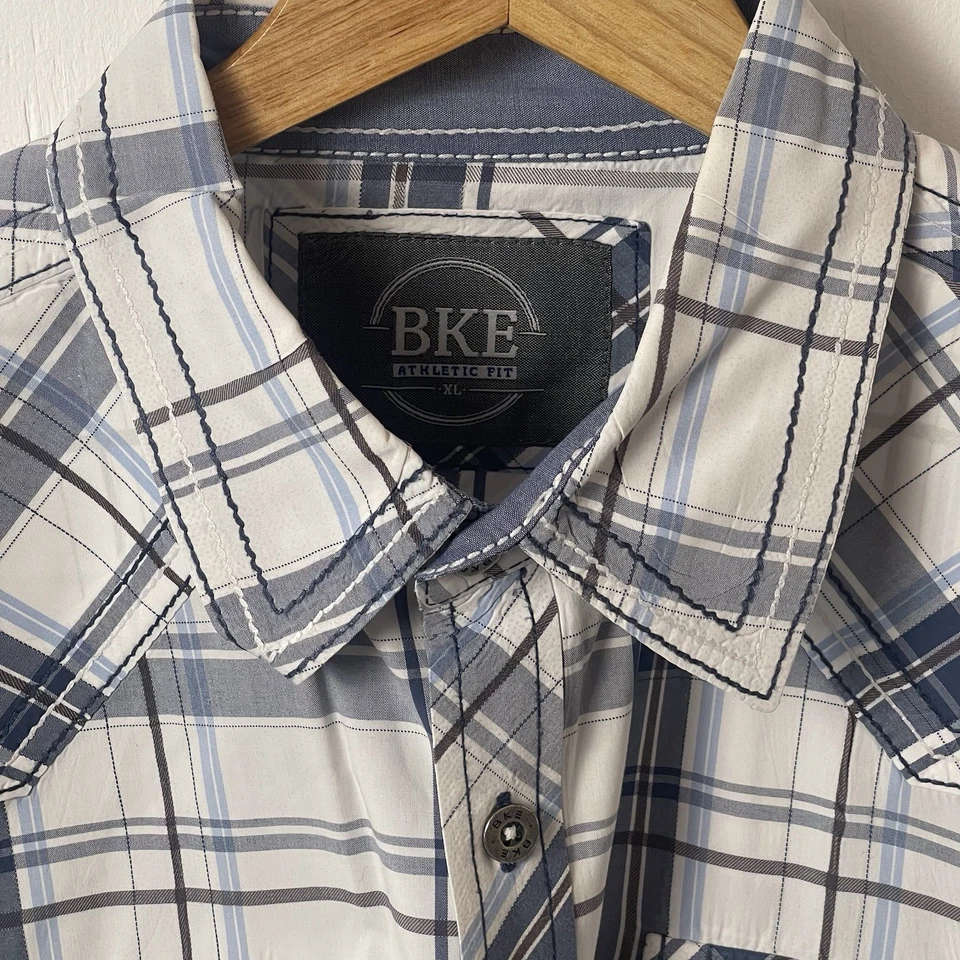 Camisa BKE Para Hombres Manga Larga Con Botones Gris A Cuadros Azul Talla XL Calce Atlético Foto 4 de 4