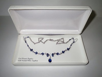 Estate Signed Sterling Silver DANGLE DROP NECKLACE - LAB CREATED SAPPHIRE - MINT