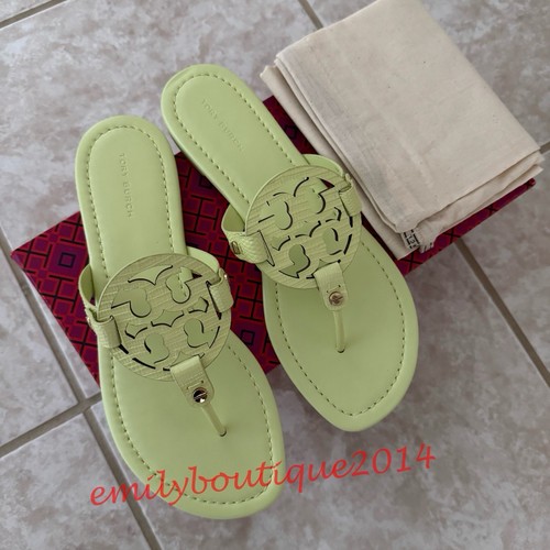 NIB Tory Burch Miller Size 8.5 Lime Leaf Embossed Leather Sandals Retail $198 - Picture 2 of 9