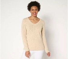 Belle Beach by Kim Gravel Gotta Getaway Cotton V Neck Sweater Sand Bar M A687893