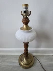 Vintage Leviton Electric Table Lamp In Hobnail Milk Glass Wood Base No Shade
