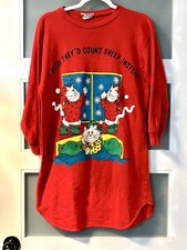 Vintage Women's Fleece Red Nightgown Cats 1980's Starlit Nights Large