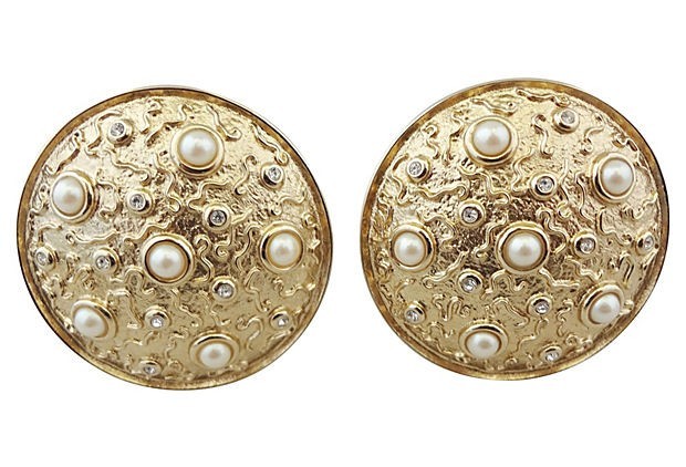 Boucles D'oreilles Vintage GUY LAROCHE Paris - Perles Et Cristaux Tons Or - Occasion