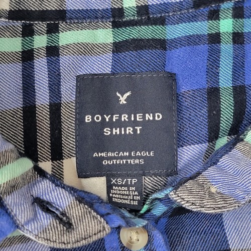 American Eagle Boyfriend Fit Blue Plaid Flannel Button Down Shirt Women’s XS - Imagen 2 de 6