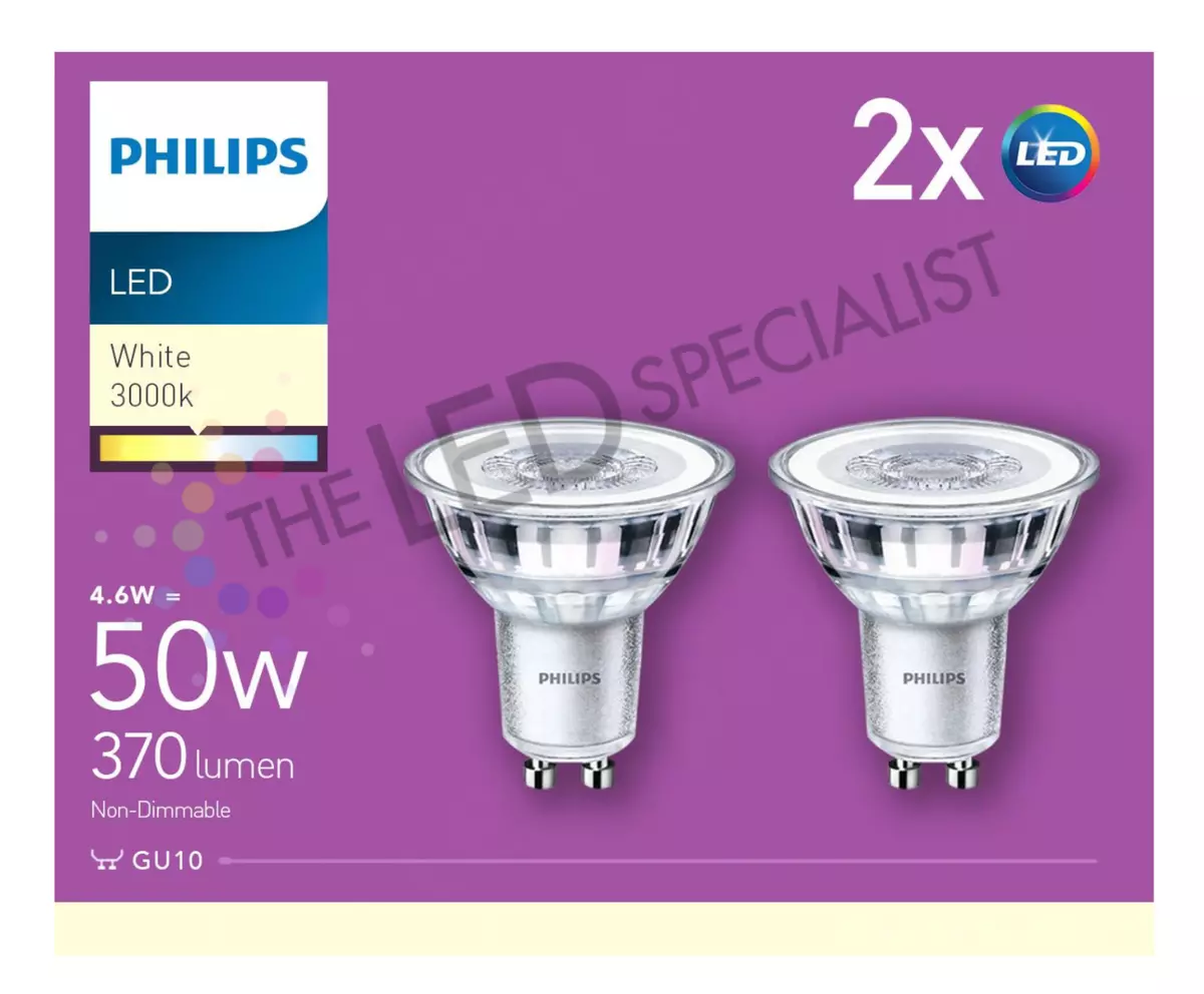 PHILIPS LED GU10 4.6w 50w Light Bulb White 3000k Lighting Non Dim 2 PACK