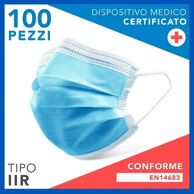 AIESI 100 Mascherine chirurgiche monouso in TNT con elastici 3 strati filtranti IIR