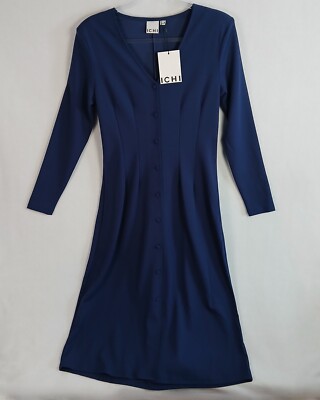 Ichi Women's Long Sleeve Princess Seamed Button Up Midi Dress Size S Navy NWT