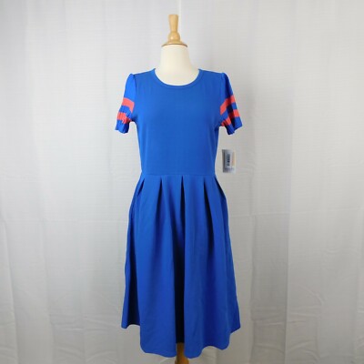 LuLaRoe Amelia Short Sleeve Stretch Knit Back-Zip Dress Blue, Large #1806