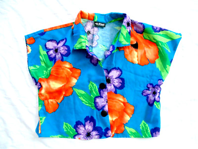 Vtg 80s Tropical Shirt Crop Top Bold Turquoise Floral Junior Women L 13/15