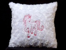 New Embroidered White Pink Baby Unicorn Pillow, New 12 x 12 in insert