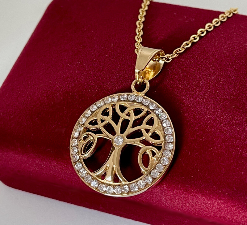 Halskette Edelstahl Medallion Lebensbaum Zirkonia Rolled Gold 24K Vergoldet