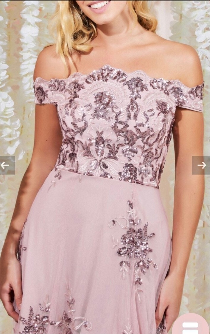blush pink embroidered bardot dip hem dress Sequin & Satin Dipped Hem Midi Dress - Blush