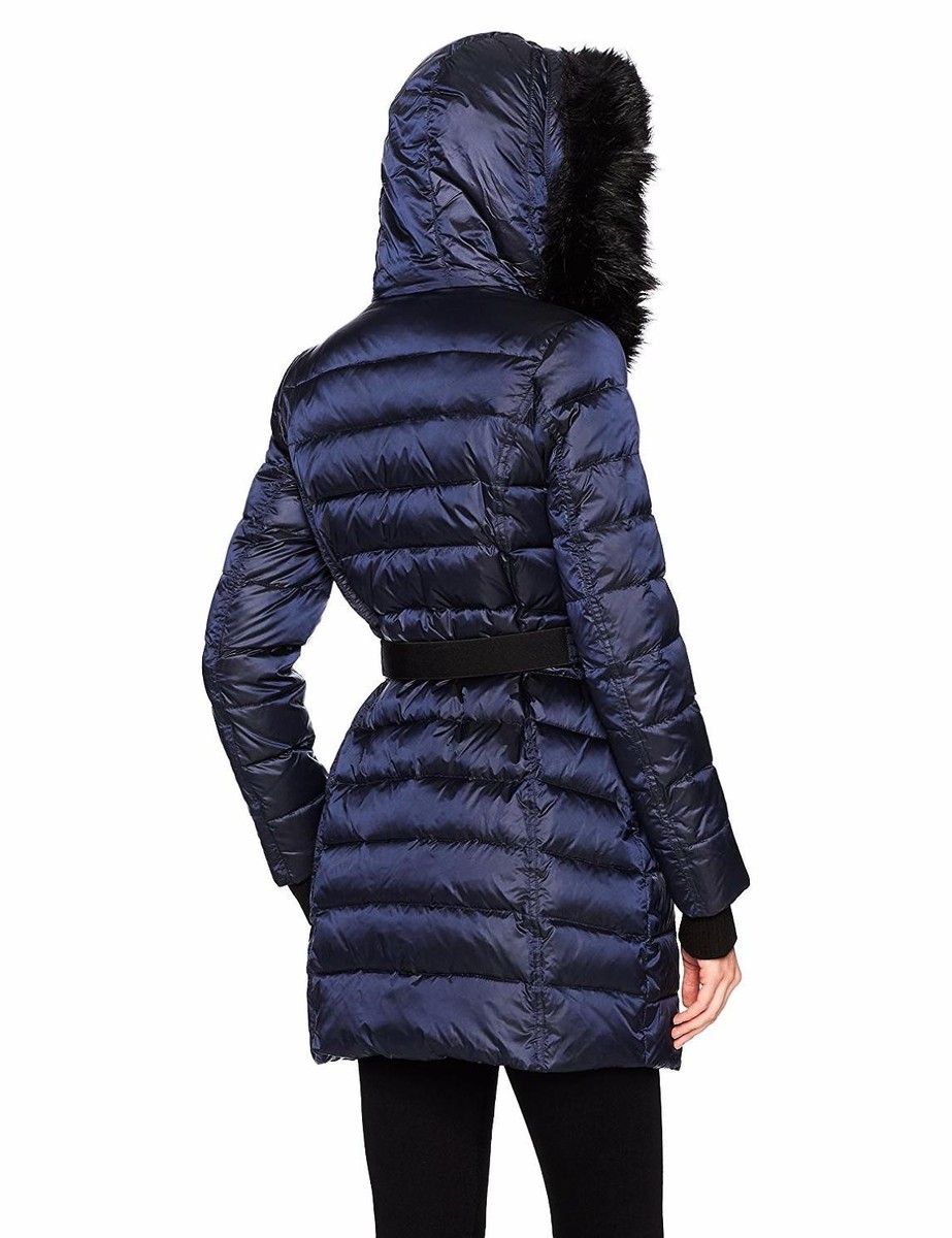 French Connection Women's Down Coat With Belt and Faux Fur Hood