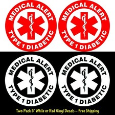 Medical Alert Type 1 Diabetic Two PK 5" Decals Red or White Car Truck Window