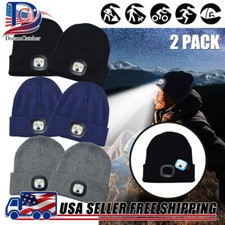 2Pack Unisex LED Beanie Hat Light Rechargeable Winter Warm Knitted Headlight Cap