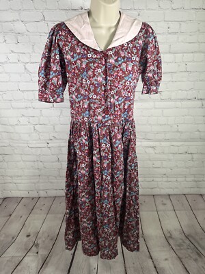 VTG Rosslee Red Colorful Floral Cottagecore Short Puff Sleeve Shirt Dress 4