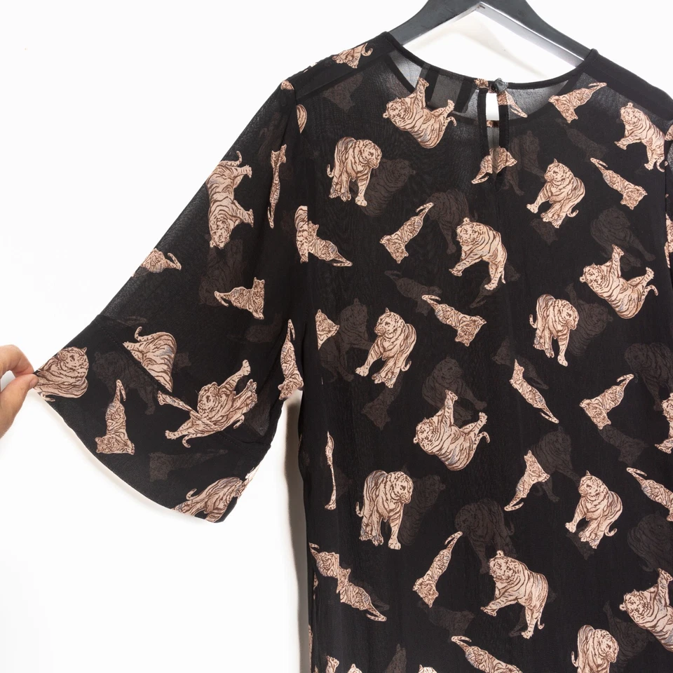 Vestido de Colección Tigre 🐅 Estampado Negro Transparente Manga Corta Encubrimiento, Talla M/L (De Colección XL) Foto 3 de 4