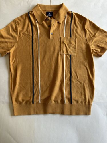 Ben Sherman Knit Polo Shirt Men Large Yellow White Blue Stripe NWT
