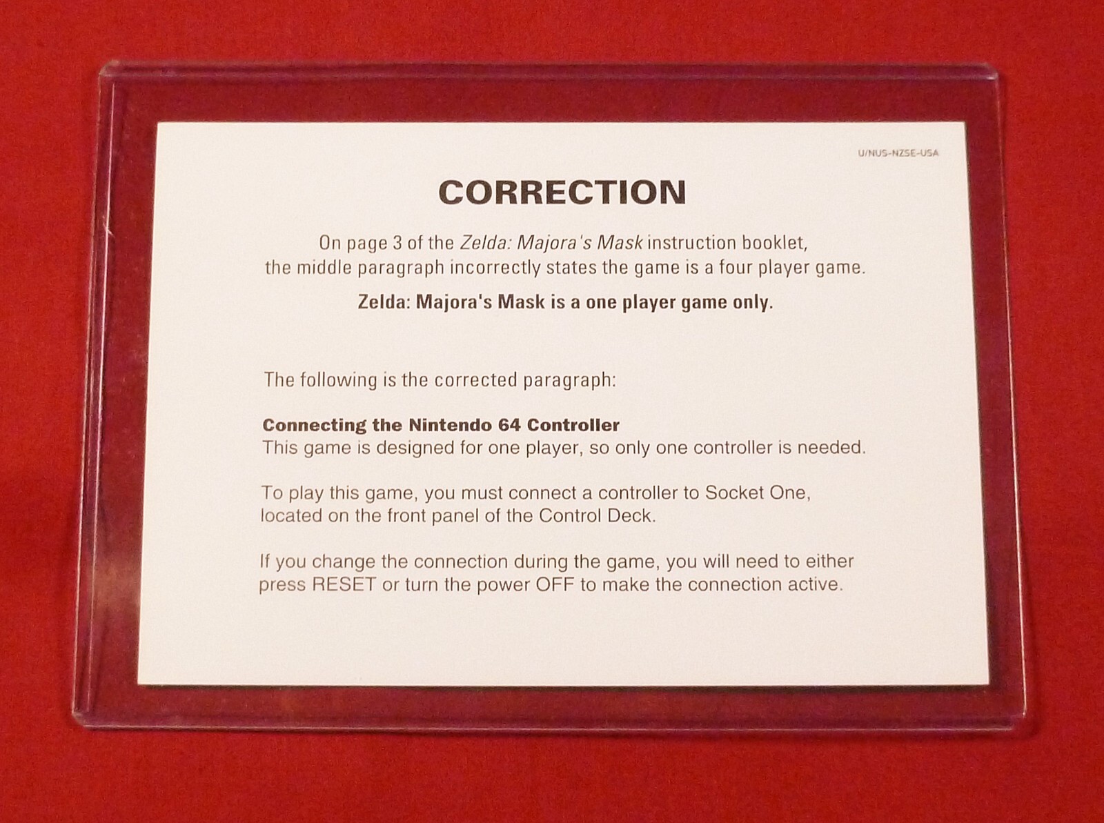 AWESOME "CORRECTION CARD" FOR NINTENDO 64 "ZELDA, MAJORA'S MASK COLLECTOR", MINT