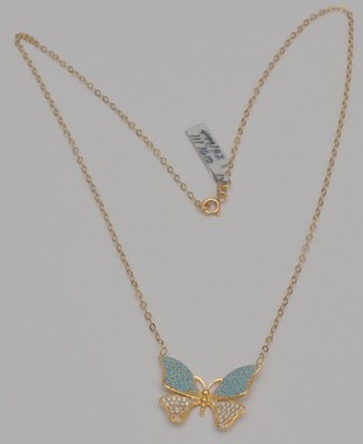 14K Gelbgold Schmetterling Halskette 17,5'' Türkis & klare synthetische Steine DT