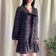 NWT Black Floral Babydoll Mini Dress Long Sleeve Coquette Cottagecore Romantic S