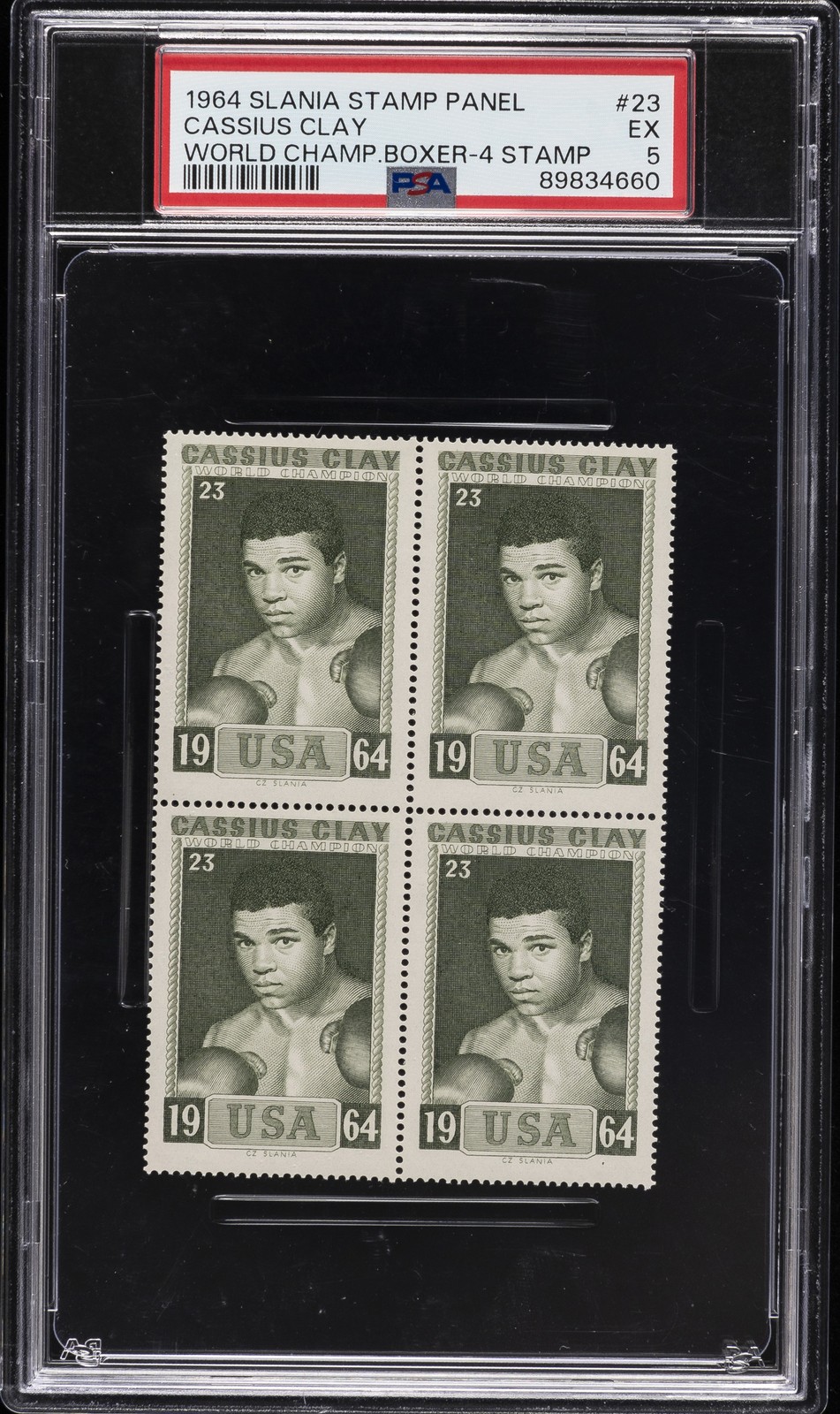1964 SLANIA STAMPS WORLD CHAMPION BOXERS PANEL/4 STAMP #23 CASSIUS CLAY PSA 5 view 1