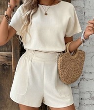 Ivory Knit Short Sleeve Top  Shorts Set, Relaxed Fit, Elastic Waist