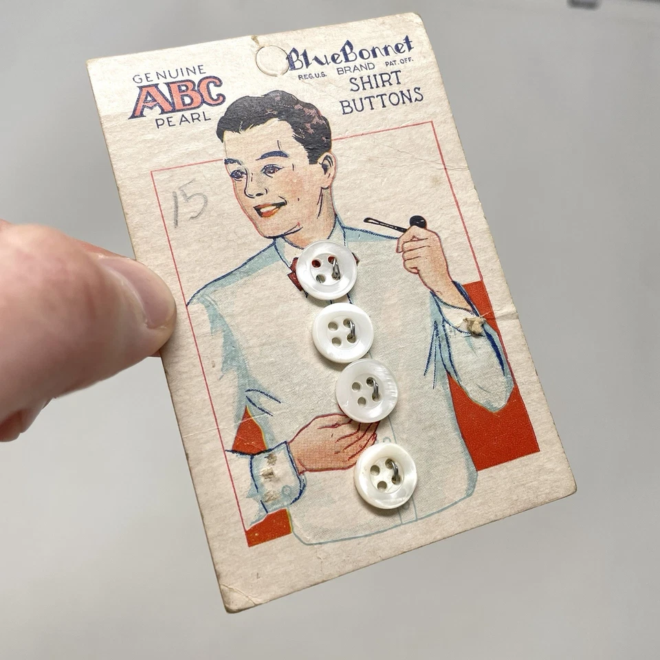 VINTAGE 1940s Blue Bonnet Shirt Buttons ABC Pearl Mens Dress New on Card - Image 2 of 4