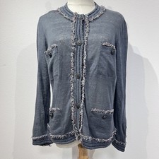 CHANEL Fringe Trim Button Cardigan Gray Knit Size 40