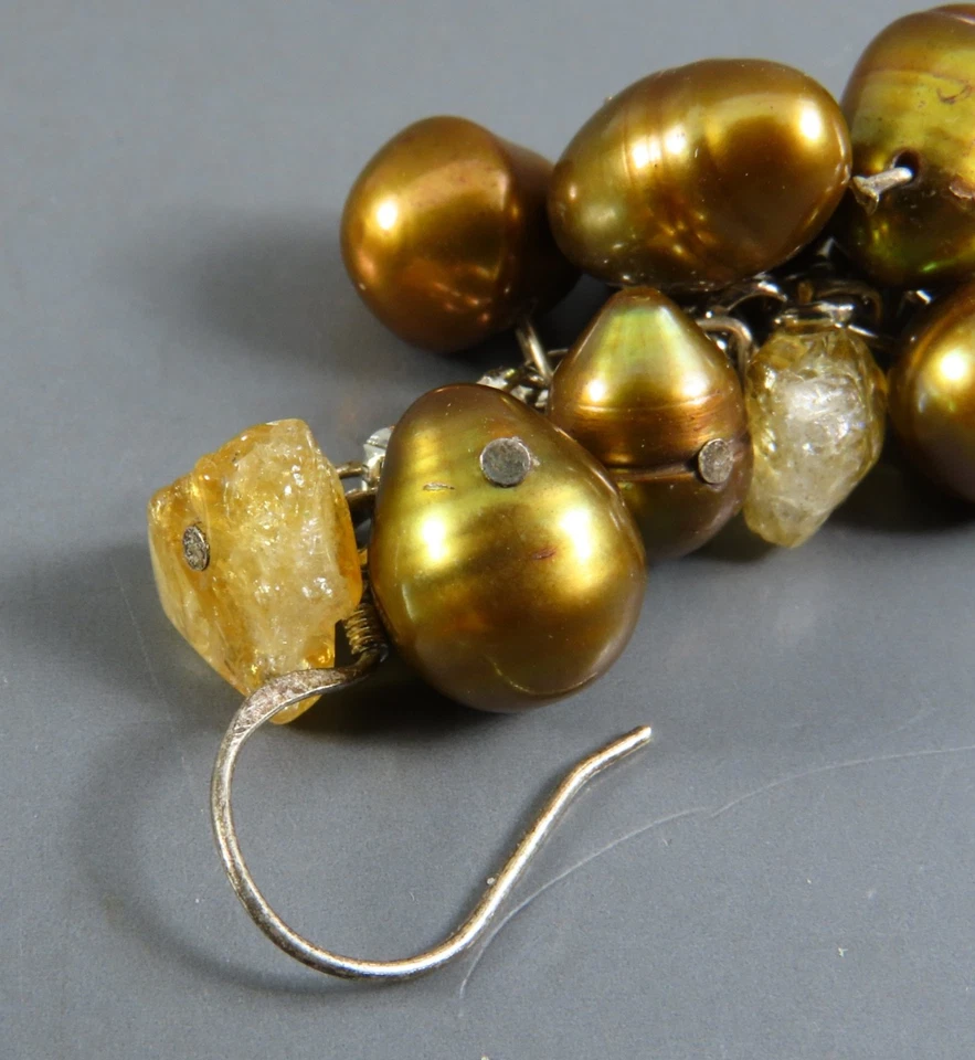 PLATA ESTERLINA Pendientes Colgantes Racimo BRONCE Y CREMA PERLAS Naranja Citrino Foto 4 de 4