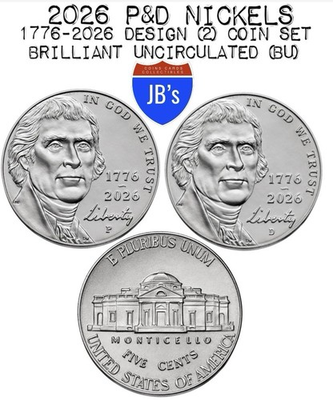 #ad 2026 Pamp;D Jefferson Nickel 2 Coin Set America 250 BRILLIANT UNCIRCULATED BU $4.24