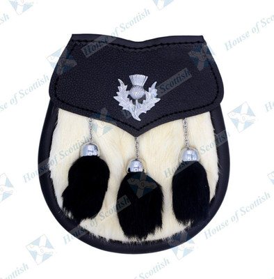 SCHOTTISCHES HALBLIKLEID WEISS KANINCHENFELL KILT SPORRAN MIT SCHWARZEN QUASTEN, KETTENGÜRTEL