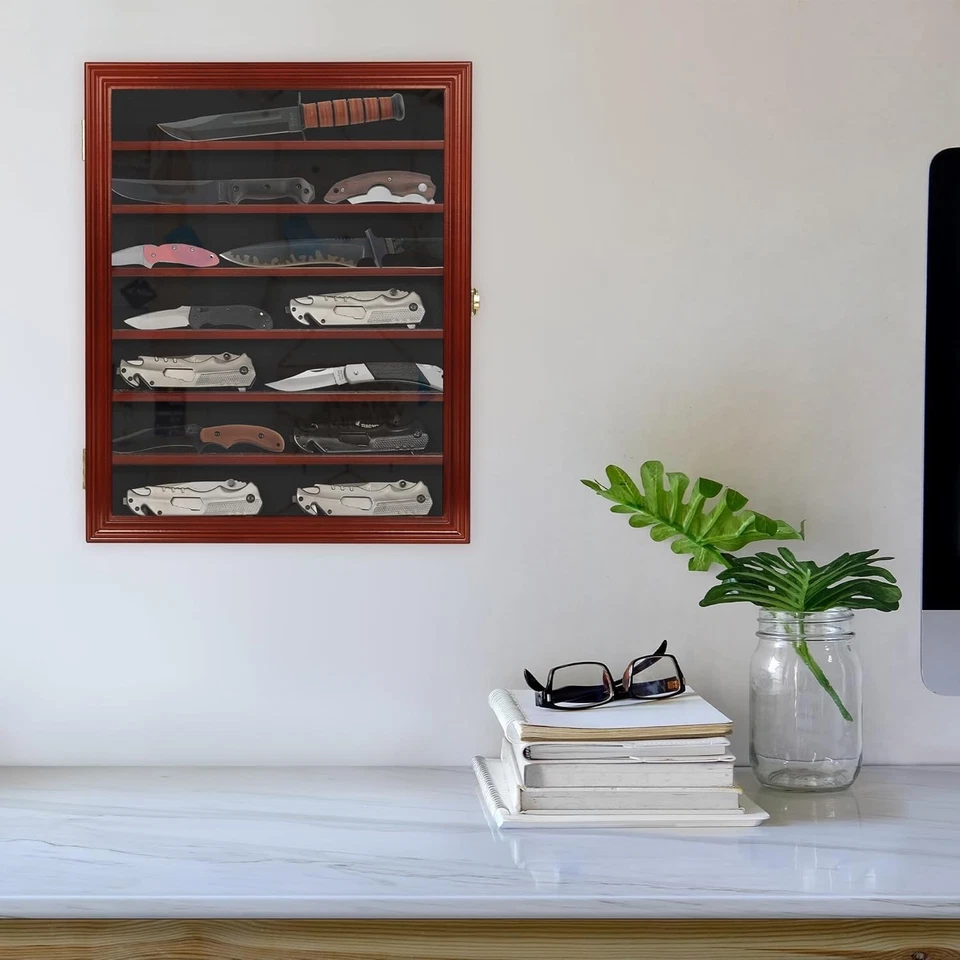 Vitrina Gabinete Madera Caoba Cuchillos de Bolsillo Soporte Pared Caja Sombra 17.5"X14" Foto 3 de 4