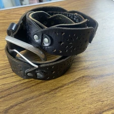 Y2K Hipwear Italian Black Leather Belt Studded Cut Out Flowers Boho Festival XL