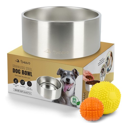 Stainless Steel Dog Food Bowl with 2 Rubber Balls - Non-Slip Insulated Dog Bo...