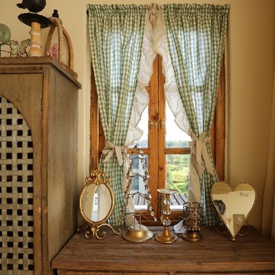 Vintage Green Plaid Linen Rod Pocket Hook Magic Tape Half Curtain