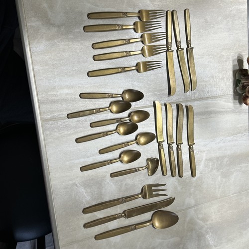 Thailand Brass Flatware Set Vintage Gold Tone Buddha Fork Knife Spoon 22 Pc