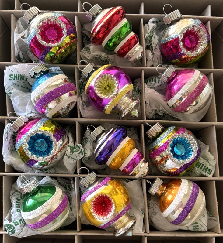 12 Radko 2011 Shiny Brite Indents & Fancy Shapes Xmas Ornaments box 2"-2.5" tall