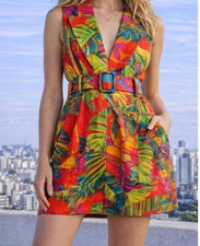 Farm Rio Red Urban Jungle Belted Linen Blend Mini Dress Size XS