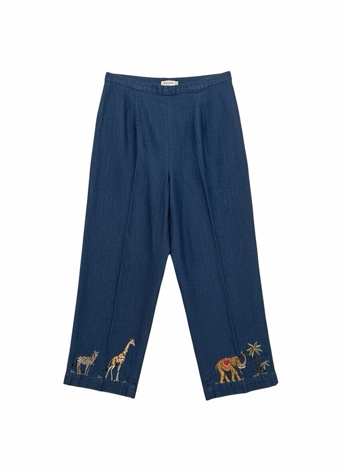 Anne Carson Vtg Elephant Zebra Giraffe Blue Denim Cropped Pants Sz 6 Side Zip - Image 2 of 4