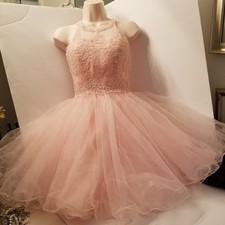 Chicas Brand Peach Pink Tulle  Sequin Embroidered Floral Junior Prom Dress SZ S