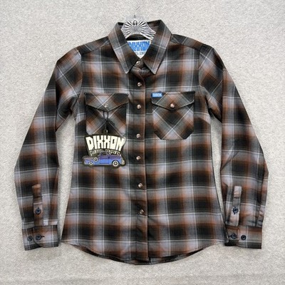 Dixxon Flannel Shirt Women Small Brown Black Plaid Pearl Snap Patina D Tech NEW
