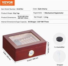 Cigar Humidor Large Cedar Wood Desktop Humidifier GlassTop Storage Box 50 Cigars